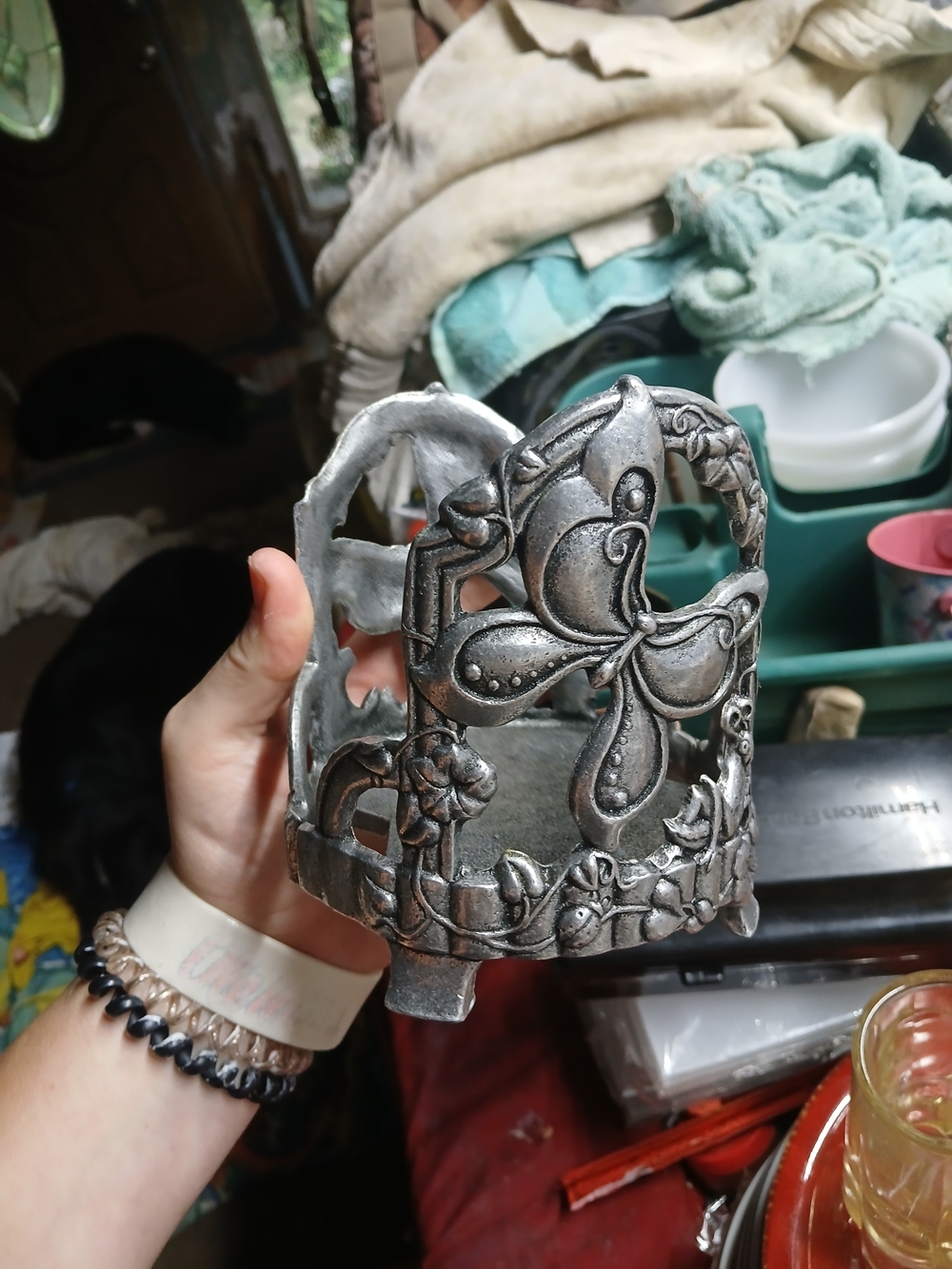 Vintage Carson Pewter Large Round Candle Butterfly Holder Beautiful